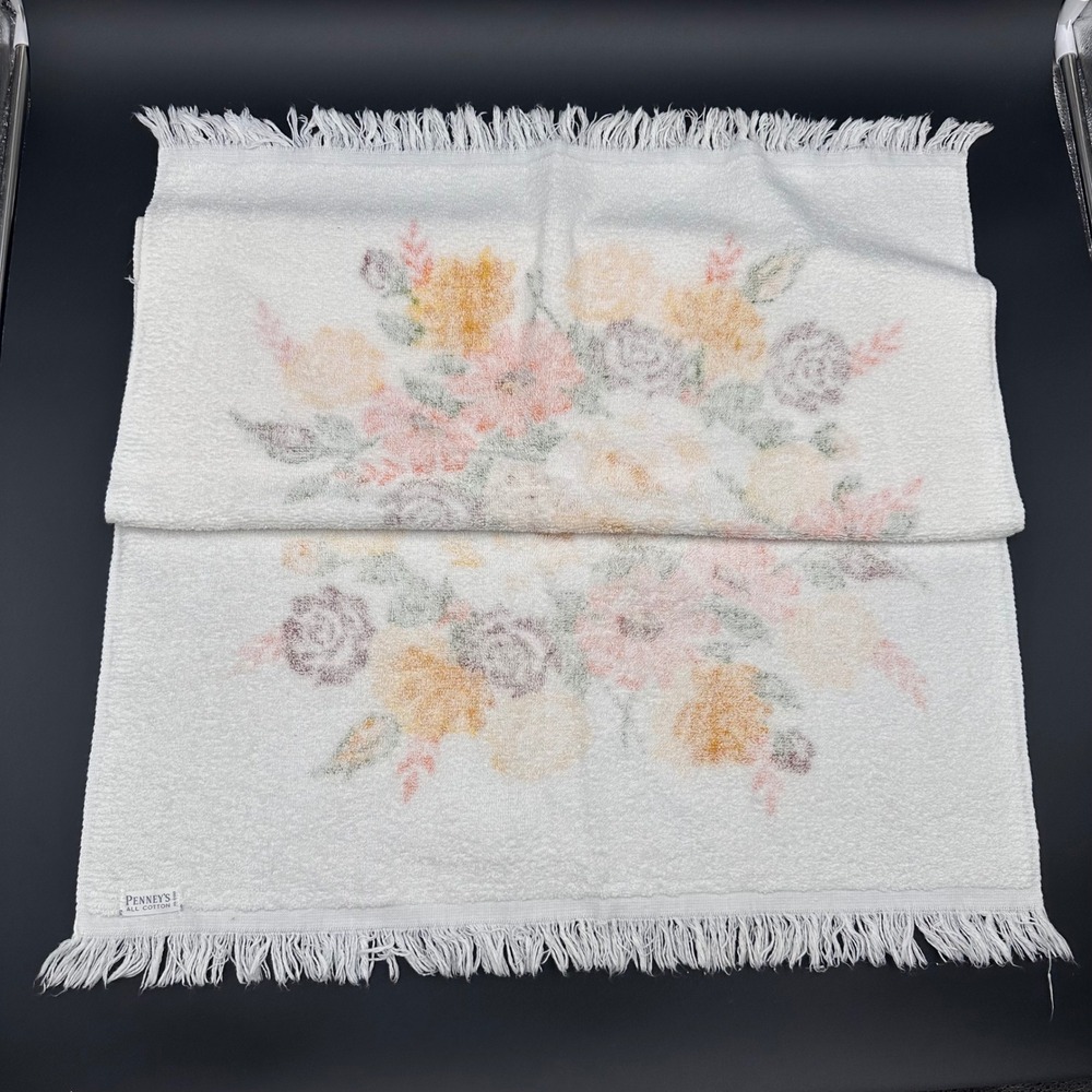 Vintage Penneys All Cotton Floral Bouquet Hand Towel White Retro Kitchen Decor - Picture 2 of 5